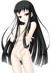  ar_tonelico ar_tonelico_ii black_hair covering covering_crotch flat_chest jakuri long_hair mizuna_(water_emp-tei) navel nude red_eyes simple_background solo very_long_hair 