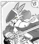  1girl alternate_costume animal_ears cape commentary commentary_request dragon_(monster_girl_encyclopedia) english_commentary grey_background greyscale head_fins helmet holding holding_sword holding_weapon horns latenight looking_at_viewer monochrome monster_girl_encyclopedia parted_lips shoulder_armor solo spaulders spot_color sword upper_body weapon yellow_eyes 