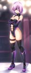  adapted_costume asymmetrical_legwear bare_shoulders black_gloves black_legwear black_leotard boots breasts cleavage closed_mouth collarbone crossed_arms elbow_gloves fate/grand_order fate_(series) full_body gloves hair_over_one_eye highres indoors large_breasts lavender_hair leotard looking_at_viewer luchador_mask mash_kyrielight mask navel navel_cutout neck purple_eyes purple_gloves serious short_hair solo standing sweatdrop tsuki_tokage type-moon wrestling wrestling_ring 
