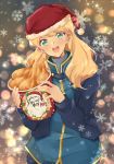  :d bangs blonde_hair blue_eyes blue_jacket blue_shirt blurry blush bokeh brand_name_imitation bucket_of_chicken christmas commentary_request contrapposto cowboy_shot depth_of_field eyebrows_visible_through_hair food fried_chicken gundam gundam_narrative hat hato-as head_tilt high_collar holding holding_food jacket kfc long_hair long_sleeves looking_at_viewer night open_clothes open_jacket open_mouth outdoors rita_bernal santa_hat shirt smile snowflakes snowing swept_bangs tunic upper_teeth 