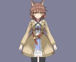  1girl amane_rosylily animal_ear_fluff animal_ears bangs belt black_legwear blush breasts brown_hair brown_jacket closed_mouth commentary_request criss-cross_halter dress eyebrows_visible_through_hair fox_ears fox_girl fox_tail grey_background hair_between_eyes halterneck jacket long_sleeves looking_at_viewer open_clothes open_jacket original red_belt sekira_ame short_hair simple_background small_breasts smile solo tail thighhighs white_dress yellow_eyes 