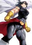  1girl 55level black_bodysuit black_eyes black_hair bodysuit boku_no_hero_academia cape gloves highres mole mole_under_mouth muscle muscular_female shimura_nana sleeveless solo white_background white_cape white_legwear yellow_gloves 