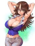  1girl amania_orz armpits arms_behind_head arms_up bangs blue_background breasts brown_eyes brown_hair cleavage collarbone dated eyebrows_visible_through_hair gradient gradient_background gundam gundam_00 hair_between_eyes highres huge_breasts long_hair looking_at_viewer navel shiny shiny_clothes shiny_hair signature smile solo sumeragi_lee_noriega twitter_username white_background 