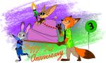  abstract_background absurd_res anthro balloon cake canid canine carrying clothing dipstick_tail disney english_text eyewear fennec finnick food fox group hi_res judy_hopps lagomorph leporid mammal multicolored_tail nick_wilde rabbit sunglasses text theblueberrycarrots walking zootopia 