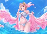  1girl bikini blue_eyes blue_sky breasts cloud europa_(granblue_fantasy) from_below granblue_fantasy groin hair_ribbon hand_in_hair looking_at_another medium_breasts navel ocean pink_ribbon ribbon sakaokasan sky solo swimsuit thigh_strap wading water 