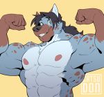  2019 5_fingers abs anthro biceps big_muscles black_hair black_nose blue_body blue_fur brown_body brown_fur canid canine canis catsudon coyote fingers flexing fur green_eyes hair half-lenght_portrait hyaenid hybrid long_hair looking_at_viewer male mammal muscular muscular_male nipples pecs pink_nipples ponytail simple_background smile solo spots spotted_body spotted_fur white_body white_fur zephyrus_(cooner) 