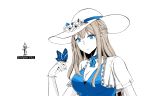  1girl 2661789381 absurdres blue_dress blue_eyes breasts butterfly_on_finger cleavage dress flower hat highres insignia lexington_(warship_girls_r) platinum_blonde_hair saratoga_(warship_girls_r) smile uss_lexington_(cv-2) warship_girls_r 