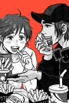  2boys baseball_cap cellphone cup disposable_cup drinking_straw eating food freckles french_fries greyscale hamburger hat headphones headphones_around_neck highres ji_guang-hong koizumi_riu leo_de_la_iglesia male_focus monochrome multiple_boys open_mouth orange_background phone smartphone smile sweater turtleneck turtleneck_sweater yuri!!!_on_ice 