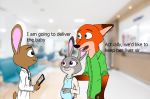  2018 anthro blurred_background brown_body brown_fur canid canine clothed clothing dialogue disney english_text eye_contact fox fully_clothed fur grey_body grey_fur group humor judy_hopps lagomorph leporid looking_at_another mammal nick_wilde orange_body orange_fur photo_background pregnant rabbit red_fox text theblueberrycarrots zootopia 