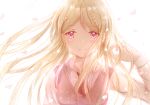 1girl ahoge akamatsu_kaede blonde_hair commentary_request crying crying_with_eyes_open danganronpa floating_hair hand_in_hair highres iceblue long_hair looking_at_viewer musical_note_hair_ornament necktie new_danganronpa_v3 petals pink_eyes red_neckwear revision school_uniform shirt simple_background smile solo tears upper_body very_long_hair white_background white_shirt 