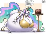  &lt;3 2020 anthro anthrofied belly big_belly big_breasts blush bra bracelet breasts cake cleavage clothed clothing dialogue digestion english_text equid female food friendship_is_magic hi_res horn hyper hyper_belly jewelry mammal metalfoxxx my_little_pony obese open_mouth overweight panties princess_celestia_(mlp) ring solo text tongue tongue_out underwear unicorn 