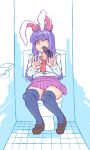  animal_ears blazer blouse brown_footwear bunny_ears bunny_tail hell_angel jacket loafers long_hair long_sleeves medium_skirt necktie penis_on_face pink_skirt purple_hair red_eyes red_neckwear reisen_udongein_inaba shoes skirt tail toilet touhou white_blouse 