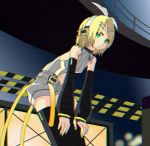  1girl anime_coloring bangs bare_shoulders black_sleeves blonde_hair bow d_futagosaikyou detached_sleeves expressionless feet_out_of_frame green_eyes green_nails hair_bow hair_ornament hairclip hands_on_own_knees headphones indoors kagamine_rin kagamine_rin_(append) leaning_forward looking_at_viewer midriff midriff_cutout nail_polish navel scanlines shirt short_hair short_shorts shorts sleeveless sleeveless_shirt solo swept_bangs thighhighs vocaloid vocaloid_append white_bow white_shirt zettai_ryouiki 
