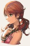  1girl closed_mouth earrings final_fantasy final_fantasy_xiii green_eyes hankuri jewelry medium_hair oerba_dia_vanille red_hair short_twintails simple_background smile solo twintails 