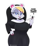  2019 4_fingers absurd_res anthro bangs berri big_breasts big_eyes biped black_clothing black_dress black_headwear blonde_hair blue_eyes bodily_fluids breasts clothed clothing colored_nails conker&#039;s_bad_fur_day dialogue dress english_text eyelashes female fingers front_view fully_clothed fur grey_body grey_fur ground_squirrel hair half-closed_eyes headgear headwear hi_res jewelry looking_at_viewer mammal nails narrowed_eyes necklace nun offscreen_character open_mouth open_smile pale_fur pink_nails pink_nose portrait rareware rodent sciurid signature simple_background smile somescrub standing sweat text three-quarter_portrait twitter video_games white_background white_pupils wide_hips 