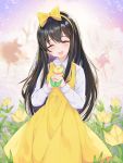  1girl absurdres bangs bow brown_hair commentary_request devotion dress du_meishin flower hair_bow hairband highres lebring long_hair long_sleeves shirt sleeveless sleeveless_dress smile solo tears white_shirt yellow_bow yellow_dress yellow_flower yellow_hairband 