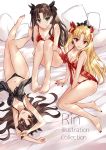  3girls arms_up asle babydoll bangs bare_arms bare_legs bare_shoulders barefoot bed_sheet black_nails black_panties black_ribbon blonde_hair blue_eyes blush breasts brown_hair cleavage collarbone commentary_request cover cover_page ereshkigal_(fate/grand_order) fate/grand_order fate/stay_night fate_(series) hair_ribbon ishtar_(fate)_(all) ishtar_(fate/grand_order) knees_up leg_hug long_hair medium_breasts multiple_girls panties parted_bangs pillow red_eyes red_panties red_ribbon ribbon sitting tiara toenail_polish toosaka_rin two_side_up underwear very_long_hair 