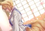  1girl animal_ear_fluff animal_ears blonde_hair fingernails fox_ears fox_tail from_side hand_on_own_chest long_fingernails multiple_tails open_mouth petals short_hair shouji sliding_doors solo tail touhou yakumo_ran zawa_(zawzawranran2) 