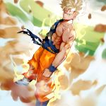  1boy 55level aqua_eyes aura blonde_hair blood blood_from_mouth boots clenched_hand cuts dougi dragon_ball dragon_ball_z dutch_angle floating_rock highres injury looking_at_viewer male_focus muscle pants sash serious solo son_gokuu spiked_hair super_saiyan torn_clothes torn_pants wristband 