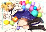  1girl ahoge artoria_pendragon_(all) balloon bangs black_bow black_footwear black_ribbon blonde_hair blue_dress blush boots bow breasts buttons collared_shirt dress dress_shirt fate/grand_order fate/unlimited_codes fate_(series) fou_(fate/grand_order) green_eyes hair_between_eyes hair_bow heroic_spirit_festival_outfit high_heel_boots high_heels knee_boots long_sleeves looking_at_viewer lying medium_breasts medium_hair medjed neck_ribbon on_side open_mouth ponytail ribbon saber_lily shirt sidelocks solo underbust white_shirt xah03172 