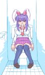  animal_ears blazer blouse brown_footwear bunny_ears bunny_tail cum cum_in_mouth hell_angel jacket loafers long_hair long_sleeves medium_skirt necktie pink_skirt purple_hair red_eyes red_neckwear reisen_udongein_inaba shoes skirt tail toilet touhou white_blouse 