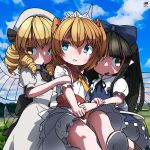  3girls arm_holding ascot back_bow black_bow black_hair blonde_hair bloomers blue_bow blue_eyes blue_sky blush boots bow cloud collar dress drill_hair fairy_wings frilled_collar frilled_dress frilled_sleeves frills hair_bow highres holding_hands huxiao_(mistlakefront) long_hair luna_child multiple_girls open_mouth orange_hair puffy_short_sleeves puffy_sleeves ribbon short_sleeves sky star_sapphire sunny_milk touhou twintails underwear white_headdress white_headwear wings yellow_eyes 