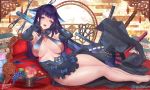  bangs bare_shoulders bare_thighs black_dress blue_eyes blunt_bangs bow breasts china_dress chinese_clothes chinese_new_year dress elbow_gloves eyebrows_visible_through_hair eyeshadow fate/grand_order fate_(series) food fruit fruit_bowl gloves grapes gtunver hair_ornament highres large_breasts leaf_hair_ornament long_hair looking_at_viewer lychee lying makeup midriff_peek on_side open_mouth peach pipa_(instrument) presenting_armpit purple_hair sidelocks signature smile solo thighs yang_guifei_(fate/grand_order) 
