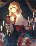  1girl alice_margatroid artist_name blonde_hair blue_dress blue_eyes blurry blurry_background candle candlestand capelet cloud cowboy_shot dated depth_of_field doll dress frilled_skirt frills hairband highres holding holding_doll light_smile ling_mou lolita_hairband looking_at_viewer neck_ribbon night night_sky outdoors petticoat picture_frame red_neckwear ribbon sash shanghai_doll short_hair skirt sky solo standing star_(sky) starry_sky symbol_commentary touhou white_capelet 