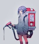  1girl backpack bag bags_under_eyes bangs blue_eyes blue_hair blunt_bangs commentary_request cowboy_shot dated dripping gas_can gas_pump gas_pump_nozzle grey_background hand_in_pocket high_collar highres hood hoodie looking_at_viewer nc_empire_(circle) original short_hair_with_long_locks sidelocks sign simple_background socks solo tape translation_request valentine zipper_pull_tab 