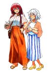  2girls alternate_costume bag blue_eyes blue_stripes bracelet braid brown_bag drink full_body hair_between_eyes height_difference high_heels holding_drink hong_meiling izayoi_sakuya jewelry koyubi_(littlefinger1988) long_hair long_skirt multiple_girls open_mouth orange_footwear orange_skirt orange_stripes red_hair sandals shirt short_hair short_sleeves shoulder_bag side_braid simple_background skirt smile standing striped striped_shirt striped_skirt touhou twin_braids white_background white_hair white_shirt white_skirt yellow_footwear 