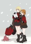  3girls absurdres bag bangs binoculars black_bow black_coat black_footwear black_gloves black_skirt blonde_hair blue_eyes boots bow braid breath carrying closed_eyes closed_mouth commentary_request cup darjeeling_(girls_und_panzer) epaulettes eyebrows_visible_through_hair fallen_down girls_und_panzer gloves hair_bow highres holding holding_cup holding_map jacket jacket_on_shoulders korean_commentary long_sleeves looking_at_another map medium_hair military military_uniform miniskirt multiple_girls open_mouth orange_hair orange_pekoe_(girls_und_panzer) parted_bangs perfect_han pleated_skirt red_hair red_jacket rosehip_(girls_und_panzer) satchel short_hair skirt smile st._gloriana&#039;s_military_uniform standing teacup tied_hair trembling twin_braids uniform walking 