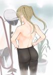  1girl adjusting_clothes adjusting_legwear ass black_legwear blonde_hair blurry breasts c-da commentary_request cowboy_shot depth_of_field from_behind full-length_mirror graf_zeppelin_(kantai_collection) hat highres kantai_collection large_breasts long_hair looking_at_mirror military military_hat mirror no_panties pantyhose peaked_cap reflection see-through sideboob sidelocks solo standing thighband_pantyhose twintails very_long_hair 