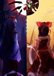  4girls arm_at_side arm_up black_sun blonde_hair bow brown_hair cityscape commentary detached_sleeves dress dual_persona english_commentary feet_out_of_frame floating from_behind full_moon gohei gradient_hair hair_bow hakama_skirt hakurei_reimu hakurei_reimu_(pc-98) highres hijiri_byakuren holding_stick layered_dress long_hair long_sleeves moon multicolored_hair multiple_girls naufaldreamer outstretched_arm petticoat purple_hair red_dress red_skirt red_vest romaji_text ruins shinki short_hair silver_hair skirt sleeves_past_wrists sorcerer&#039;s_sutra_scroll split_theme standing sun touhou touhou_(pc-98) very_long_hair vest yellow_sky 