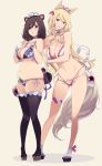  2girls animal_ears bikini black_legwear blonde_hair blush bracelet breasts cleavage commentary_request contrapposto detached_collar fox_ears fox_tail full_body geta gloves highres jewelry large_breasts lipstick long_hair looking_at_another makeup mikoto_akemi multi-strapped_bikini multiple_girls original plump pubic_tattoo purple_eyes raccoon_ears raccoon_tail red_lipstick side-tie_bikini simple_background skindentation standing swimsuit tabi tail tattoo thick_thighs thigh_strap thighhighs thighs yellow_background 