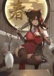  1girl absurdres animal_ears bangs bare_shoulders black_legwear blush breasts brown_hair china_dress chinese_clothes cirilla couch dress dsr-50_(girls_frontline) extra_ears fan flower folding_fan garter_straps girls_frontline hair_flower hair_ornament highres holding holding_fan large_breasts lips long_hair open_mouth pelvic_curtain red_dress red_eyes red_flower sitting solo thighhighs vase 