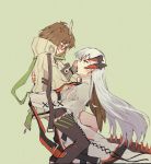  arknights armband bangs blush bob_cut brown_hair cloak covering_mouth dragon_tail earrings embarrassed feathers glasses high_collar horns jewelry kumo_ryuun lifted_by_another lifting_person long_coat long_hair looking_at_viewer nail_polish platinum_blonde_hair saria_(arknights) silence_(arknights) single_thighhigh smile stitches strap tail thighhighs white_coat yellow_eyes yuri 