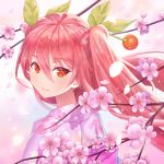  1girl branch cherry_blossoms cherry_hair_ornament commentary falling_petals floral_print food_themed_hair_ornament from_behind hair_ornament hatsune_miku highres japanese_clothes kimono long_hair looking_at_viewer looking_back neriw parted_lips petals pink_background pink_hair pink_kimono red_eyes sakura_miku smile solo twintails upper_body very_long_hair vocaloid 