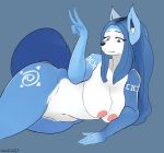  2020 alternate_version_at_source anthro areola blue_body blue_ears blue_fur blue_hair blue_tail breasts canid canine dufffluffyfox female fox fur gesture hair hi_res krystal mammal navel nintendo nipples nude star_fox v_sign video_games white_body white_fur 