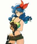  1girl arms_at_sides backlighting bare_legs bare_shoulders belt black_gloves blue_eyes blue_hair breasts brown_belt collarbone cowboy_shot curly_hair dragon_ball dragon_ball_(classic) eyelashes fanny_pack fingerless_gloves gloves green_shorts green_tank_top gun hair_between_eyes hair_over_one_eye hair_ribbon happy highres holding holding_gun holding_weapon kuroimori large_breasts legs_apart long_hair looking_at_viewer lunch_(dragon_ball) midriff red_ribbon ribbon shaded_face short_shorts shorts signature simple_background smile solo spaghetti_strap tank_top thigh_gap weapon weapon_request white_background 