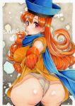  1girl alena_(dq4) ass blush breasts cape colored_pencil_(medium) curly_hair dragon_quest dragon_quest_iv dress dress_lift earrings gloves hat jewelry long_hair looking_at_viewer looking_back marker_(medium) orange_hair panties red_eyes solo traditional_media underwear watercolor_(medium) yoshidapeso 