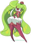  2017 butt female flora_fauna green_hair hair hand_on_hip hand_to_face long_hair looking_back nintendo pink_eyes plant pok&eacute;mon pok&eacute;mon_(species) pseudo_hair rear_view simple_background solo standing tsareena video_games white_background 