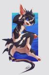  ambiguous_gender anthro blue_sclera dragon felid fur hi_res hybrid mammal multicolored_body multicolored_fur nude open_mouth pawpads rady-wolf solo young 