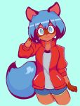  1girl :3 animal_ears arm_up black_hair blue_eyes blue_hair brand_new_animal closed_mouth collarbone doctor_zhao eyebrows_visible_through_hair furry hair_between_eyes highres kagemori_michiru long_sleeves looking_at_viewer multicolored_hair raccoon_ears raccoon_girl raccoon_tail red_track_suit short_hair short_shorts shorts smile solo tail track_suit 