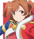  1girl absurdres aiguillette aijou_karen brown_eyes brown_hair crown crown_hair_ornament epaulettes grin highres jacket_on_shoulders key_visual looking_at_viewer medium_hair mini_crown official_art portrait shoujo_kageki_revue_starlight simple_background smile solo two_side_up upper_body 