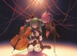  backlighting black_bow black_dress black_gloves boots bow bow_(instrument) cello commentary dress english_commentary facing_another framed_breasts gloves green_eyes green_hair hair_bow hair_ribbon hand_on_another&#039;s_chest hand_up hatsune_miku holding holding_instrument instrument leaning_forward long_hair megurine_luka neriw pink_hair ponytail red_ribbon ribbon scrunchie shadow sitting spotlight striped striped_bow thighhighs twintails very_long_hair violin violin_bow vocaloid wariza white_legwear wrist_scrunchie yuri 