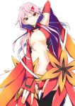  1girl absurdres arm_behind_head arm_up armpits bare_shoulders breasts center_opening cleavage detached_sleeves fingerless_gloves gloves guilty_crown hair_ornament hairclip highres homaru_sangou long_hair looking_at_viewer medium_breasts pink_hair red_eyes smile solo twintails yuzuriha_inori 