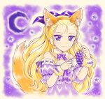 1girl animal_ears artist_name assam_(girls_und_panzer) bare_shoulders blonde_hair bow bowtie burafu closed_mouth crescent_moon cup dress fake_animal_ears fake_tail food fox_ears fox_tail frilled_sleeves frills fruit fur_collar girls_und_panzer grapes hair_pulled_back hair_ribbon halloween holding holding_cup holding_food long_hair looking_at_viewer moon off-shoulder_dress off_shoulder purple_background purple_dress purple_eyes purple_neckwear purple_ribbon purple_theme ribbon short_sleeves smile solo tail teacup upper_body wristband 