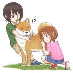  !? 2girls bangs blue_footwear blue_shorts brown_eyes brown_hair brown_shorts closed_mouth commentary dog frown girls_und_panzer grass green_shirt multiple_girls mutsu_(layergreen) nishizumi_maho nishizumi_miho one_eye_closed pink_shirt pulling pushing red_footwear shiba_inu shirt shoes short_hair short_sleeves shorts siblings sisters smile sneakers squatting standing straight-laced_footwear t-shirt white_background younger 