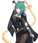  1girl arm_up armor byleth_(fire_emblem) byleth_(fire_emblem)_(female) closed_mouth fire_emblem fire_emblem:_three_houses green_eyes green_hair highres holding holding_sword holding_weapon medium_hair monotiina navel navel_cutout pantyhose simple_background smile solo sword weapon white_background 