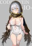  1girl bandaged_arm bandaged_leg bandages bangs bare_shoulders breasts cleavage code_vein dress eyebrows_visible_through_hair hair_between_eyes highres io_(code_vein) jewelry large_breasts looking_at_viewer necklace parted_lips short_hair silver_hair solo torn_clothes torn_dress typehatena white_dress yellow_eyes 